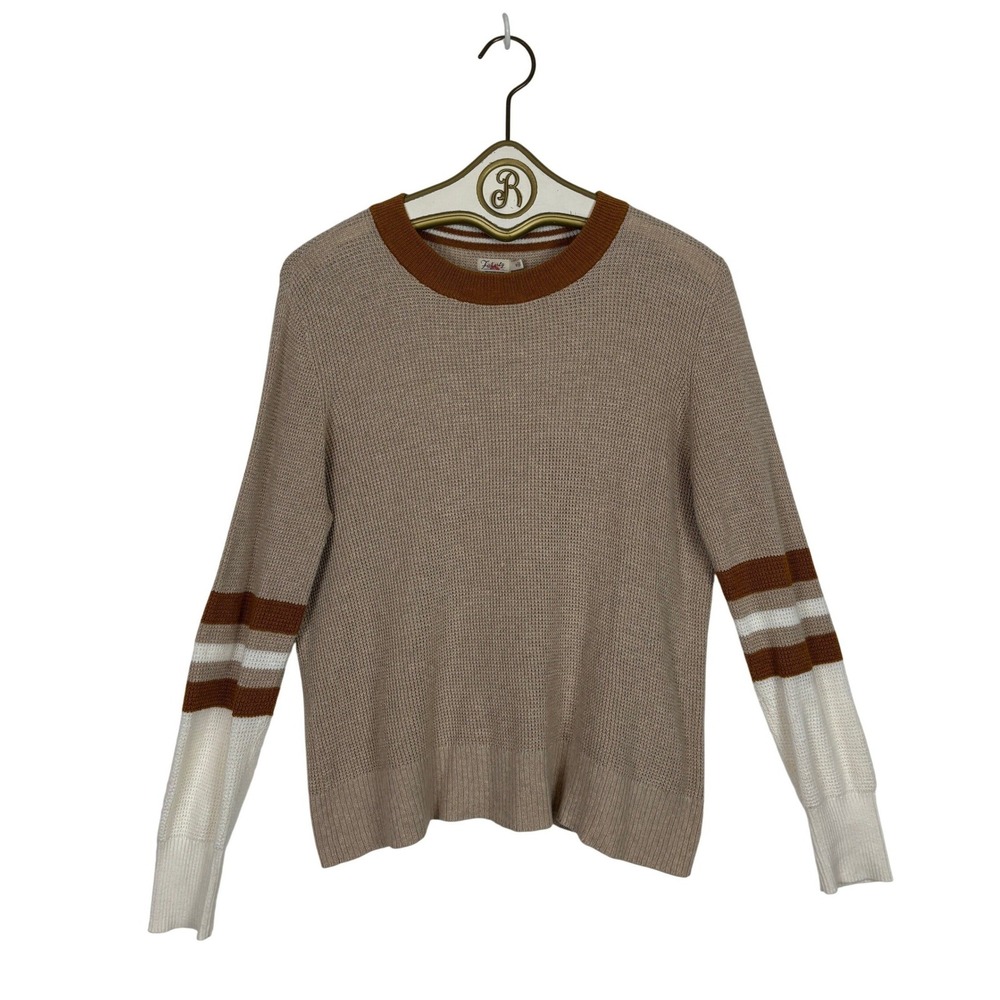 Faherty Throwback Sweater M Tan Brown Varsity Stripe Organic Cotton Cashmere - Picture 3 of 13